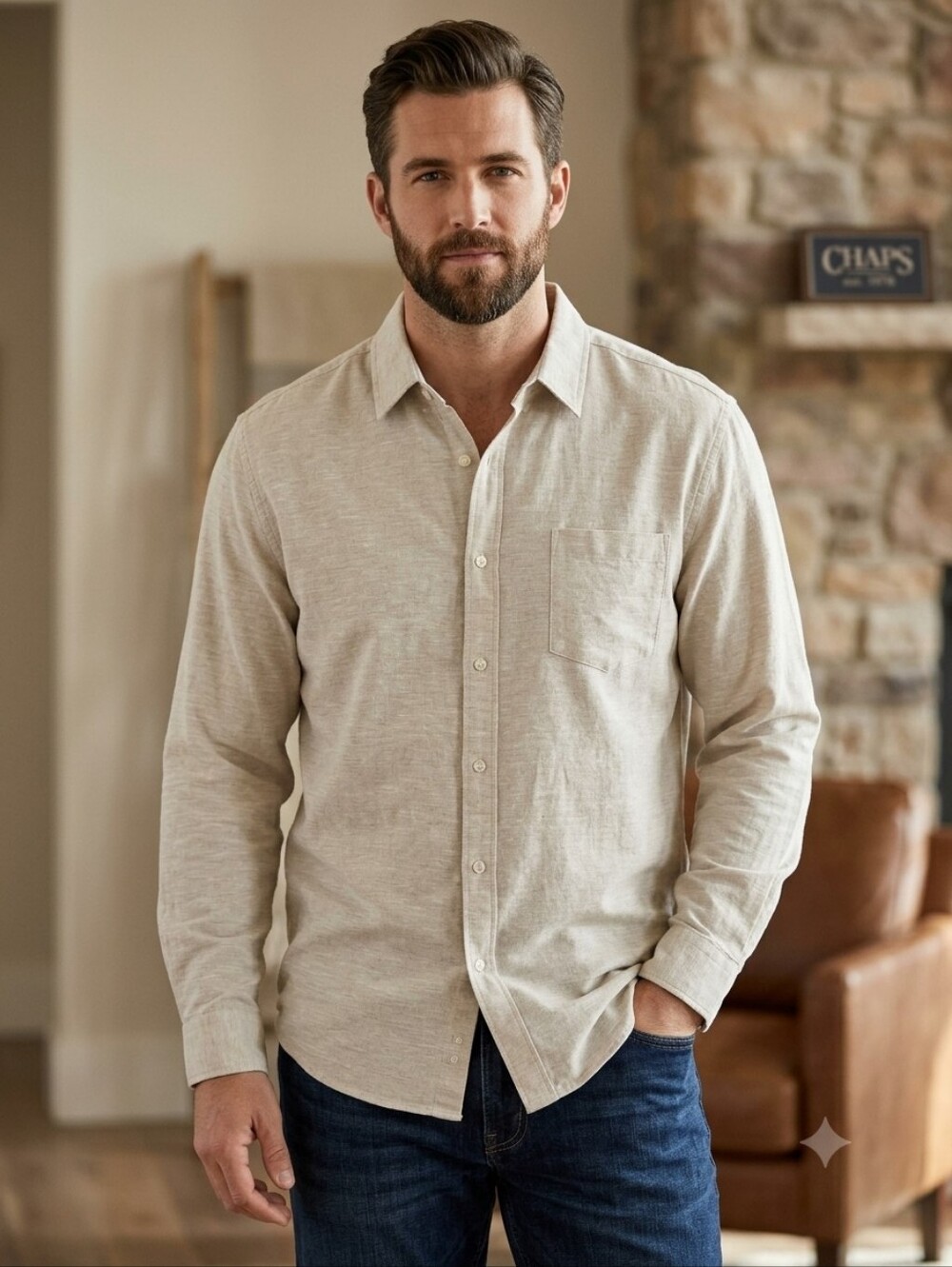 Chaps Men's Light Beige Long-Sleeve Button-Down Shirt